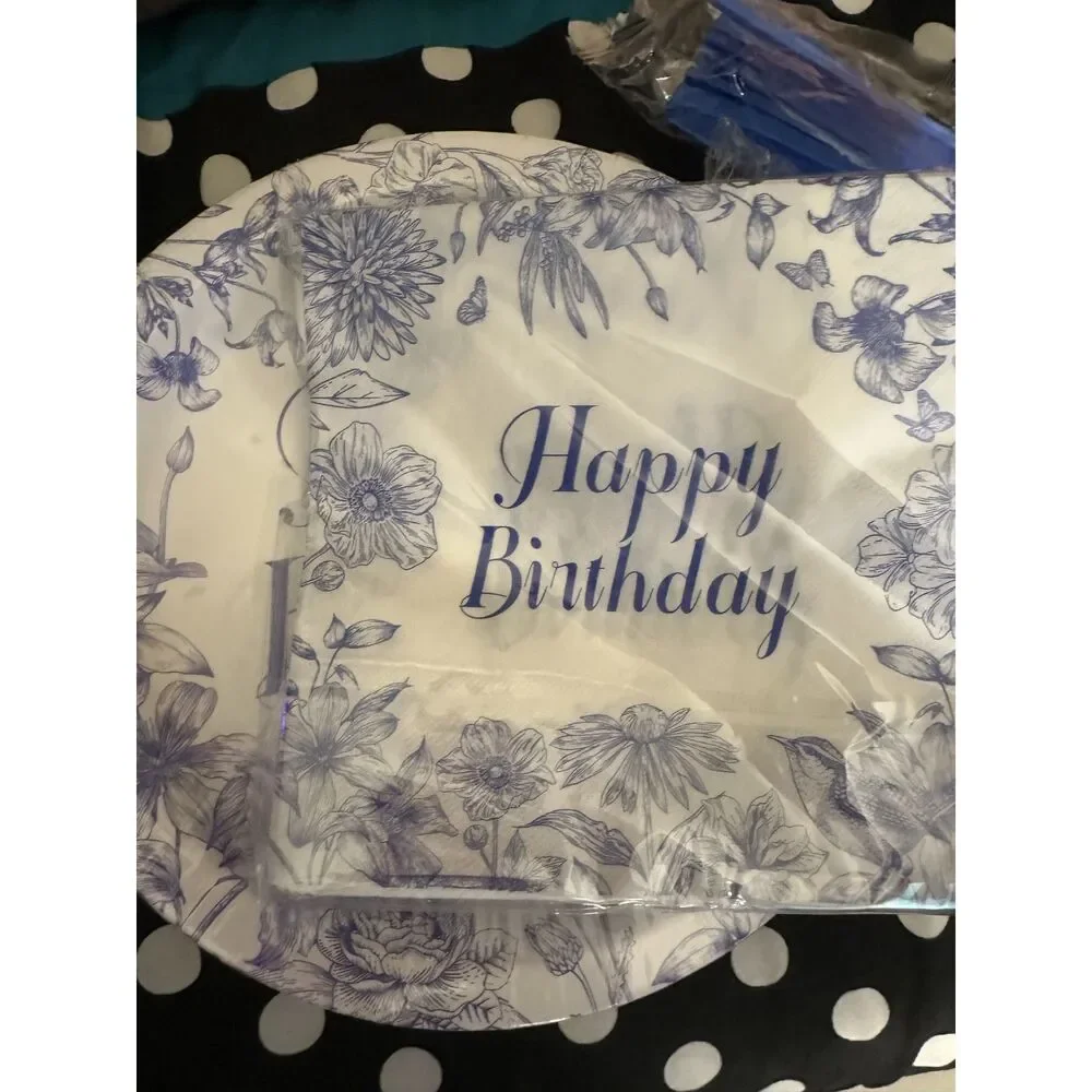 96Pcs Blue Floral Happy Birthday Party Pack Plates Napkins Cutlery Serves 24